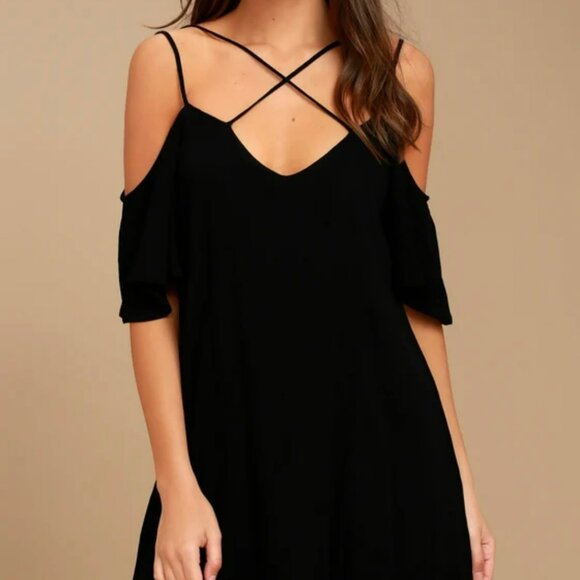 NEW Lulus Afterglow Strappy Cold Shoulder Shift Dress Women‎ Large Black Mini - Picture 2 of 15